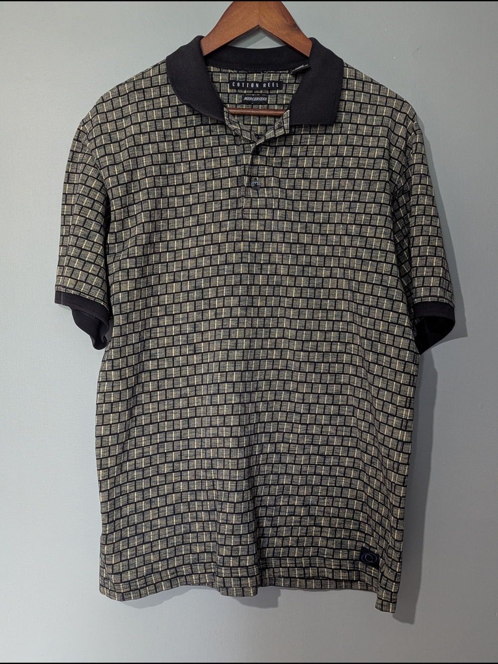 Cotton Reel Vintage‎ Men's Black and Cream Grid Polo 90s Dadcore Grandpa Style